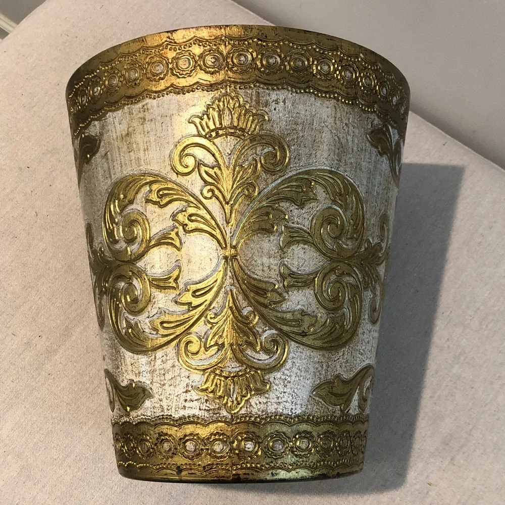Vintage Florentine Plastic Resin Waste Basket gold Trash Can Made in Italy